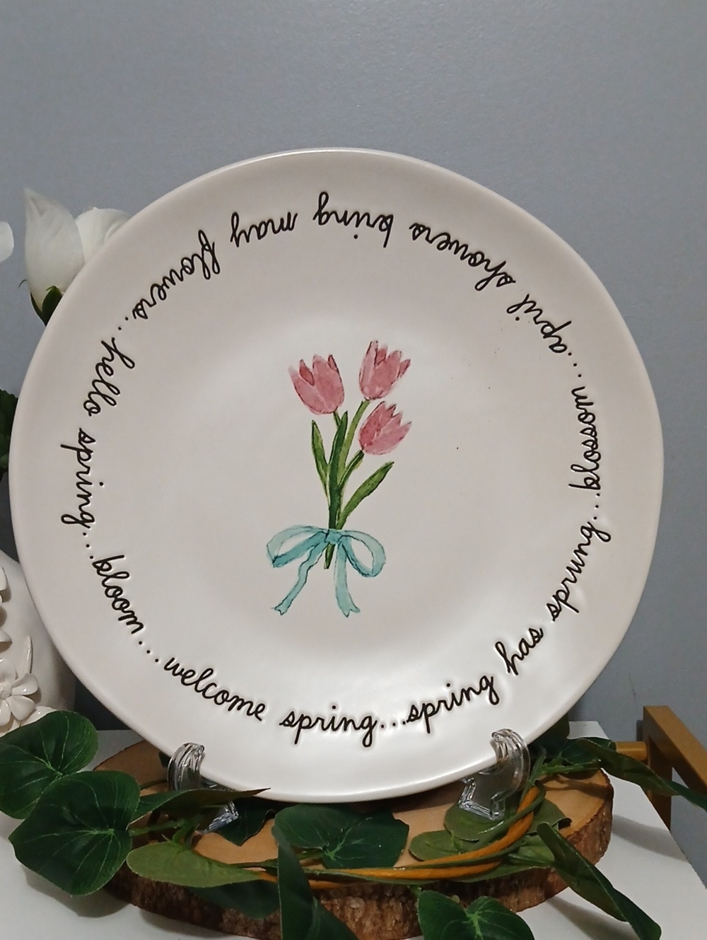 Rae Dunn Spring Tulip Decorative Serving Plate - White with Pink Tulips NWT